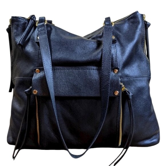 Kooba Everette Genuine Leather Expandable Tote Bag Black #169N - Picture 1 of 11